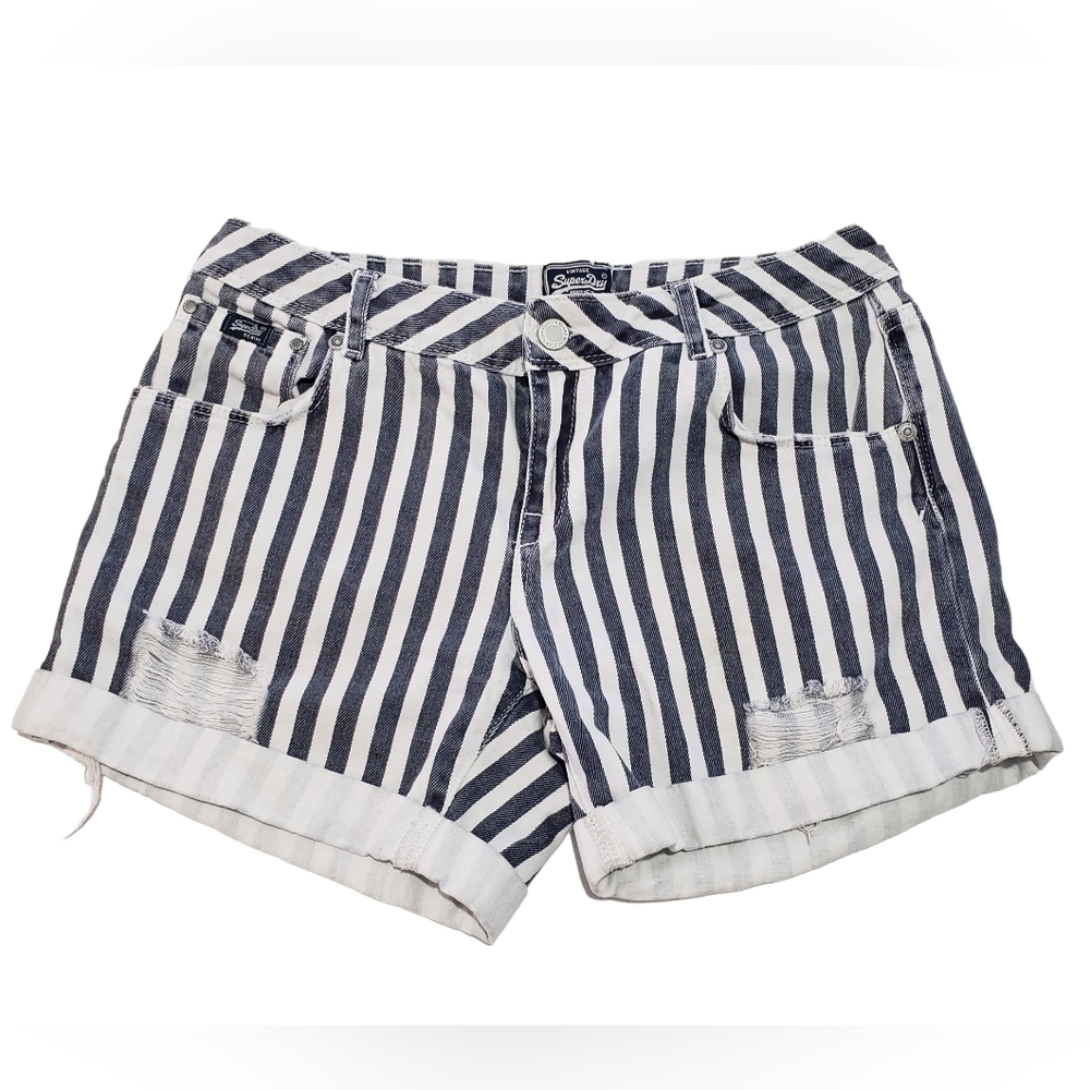 Super Dry Vintage Jean Striped Boyfriend Short Womens 28 Steel White Distressed